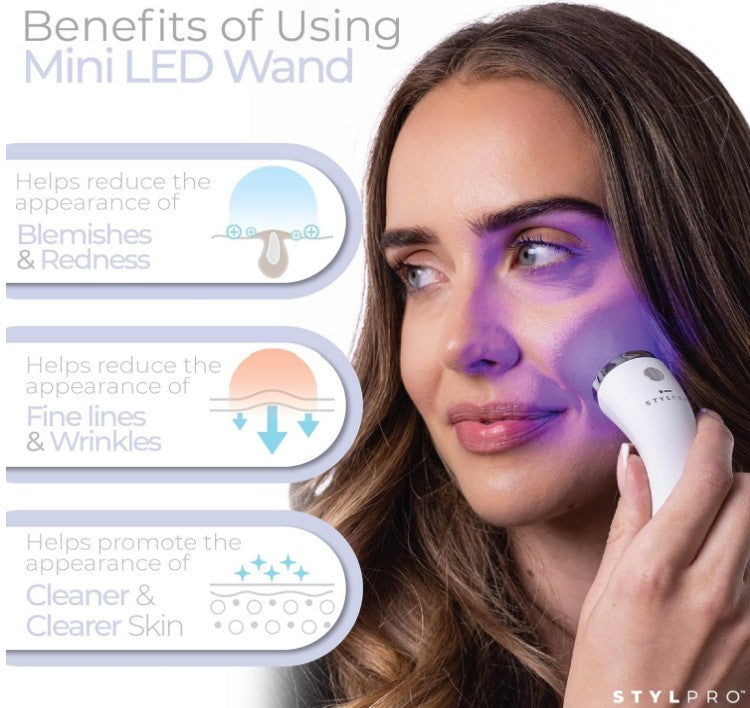 STYLPRO Mini LED Wand - Blue Light Therapy for Acne and Skin, helps with blemish, spots, inflamattion, redness, 3x modes, 28 x high-powered LEDs Blue, Red, NIR. rechargeable, compact design