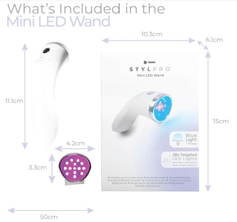 STYLPRO Mini LED Wand - Blue Light Therapy for Acne and Skin, helps with blemish, spots, inflamattion, redness, 3x modes, 28 x high-powered LEDs Blue, Red, NIR. rechargeable, compact design